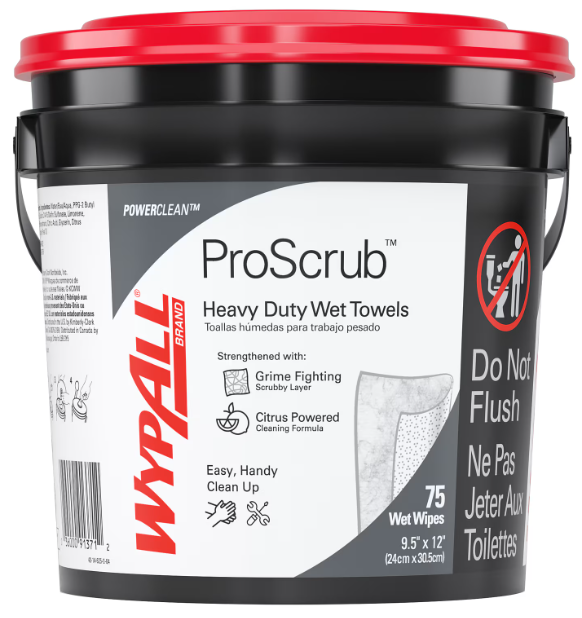 WIPES, HEAVY DUTY, WYPALL POWERCLEAN, PROSCRUB, FABRIC, 75 WIPES/BUCKET, 6 BUCKETS/CT LARGE